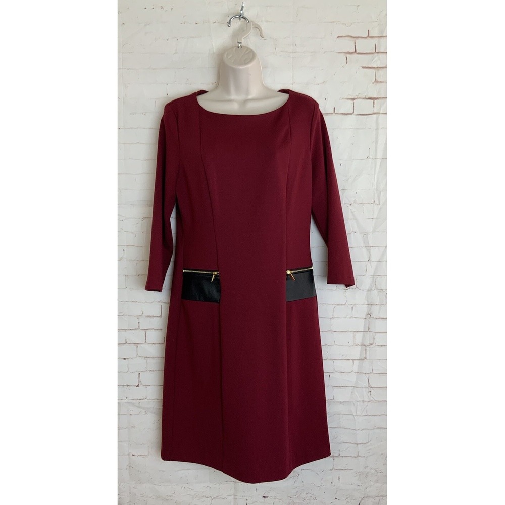 Sharagano Cherry Wine 3/4 Sleeve MIDI Dress Zip Pockets Size 10